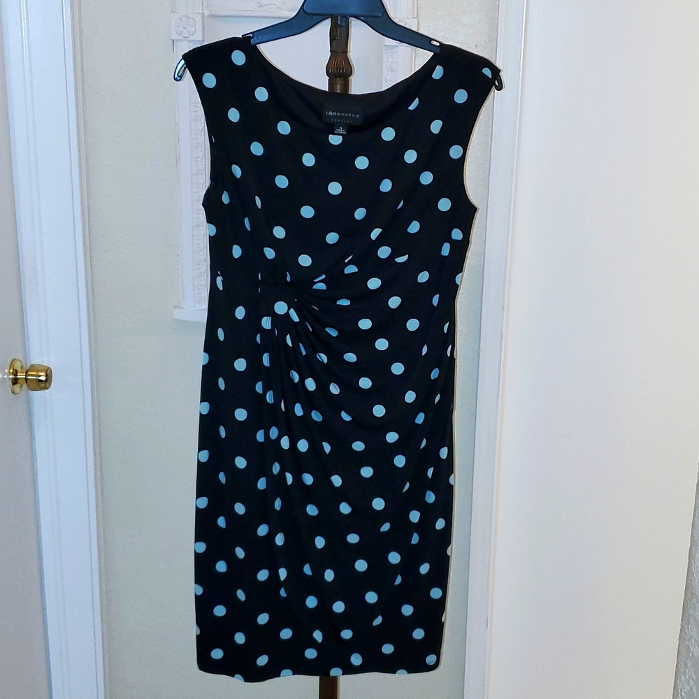Black with aqua polka dots, mid length dress size 16